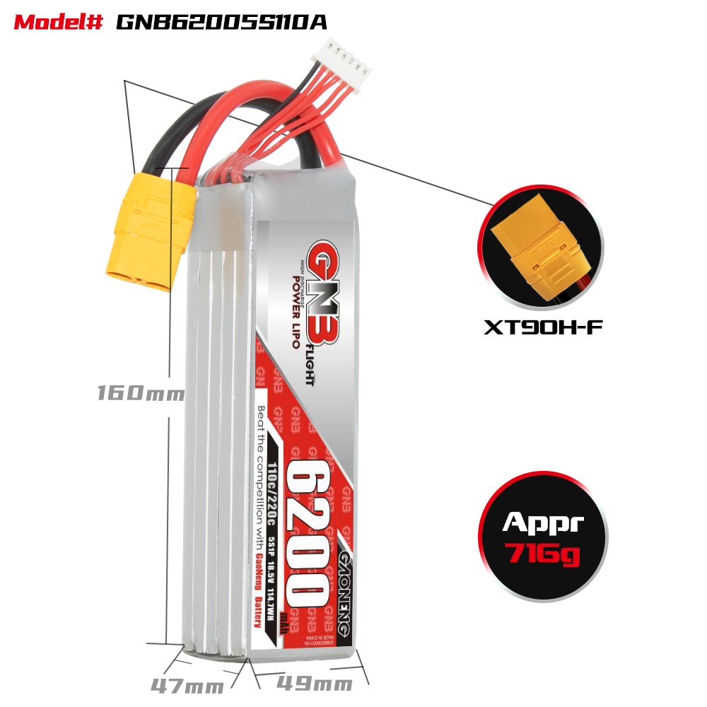 GNB高能6200mAh 5S 18.5V 110C直升机固定翼动力锂电池RC遥控航模 - 图0