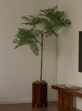 形上实木桶仿真蓝花楹落地摆件