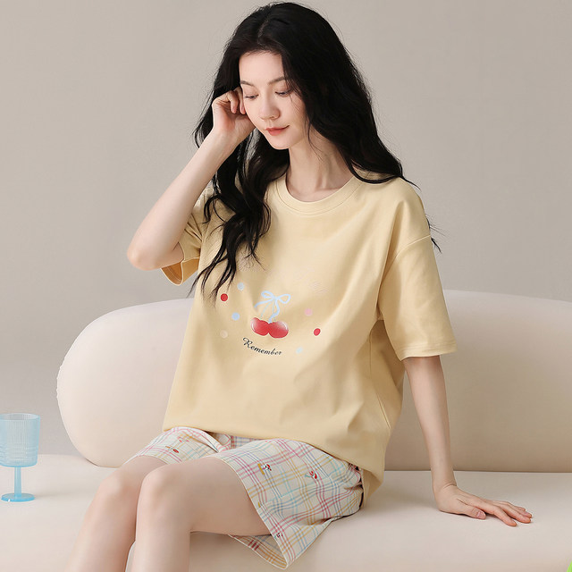 Yalu Pajamas with Breast Pads for Women Summer Pure Cotton Short-Sleeved Shorts 2026 New Loose and Wearable Home Clothes Set