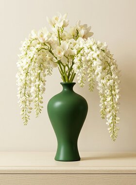 墨绿花瓶仿真白藤花艺套装