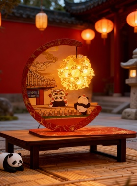 手工木质熊猫灯笼中式古风摆件