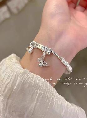 正品繁花似锦银手镯女纯银999足银实心镯子小众送女朋友生日礼