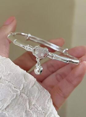 竹节平安锁纯银手镯女999实心足银镯子小众年轻款送女友生日礼物