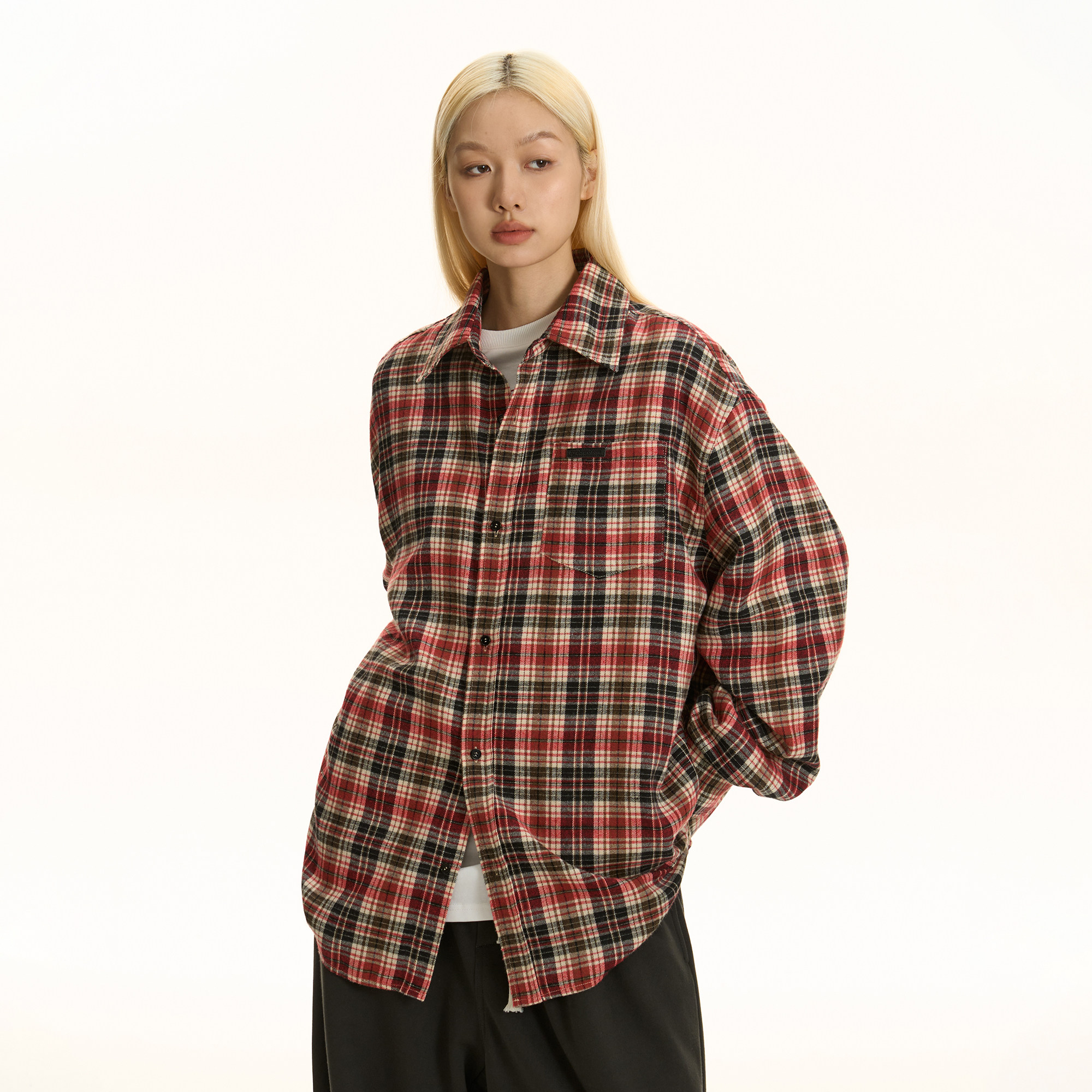 TGNS美式姜黄色磨毛格子衬衫男长袖复古格纹衬衣女休闲上衣外套