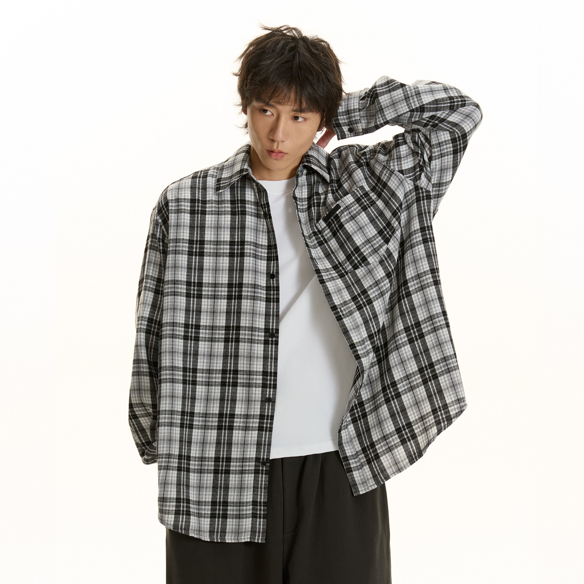 TGNS美式姜黄色磨毛格子衬衫男长袖复古格纹衬衣女休闲上衣外套