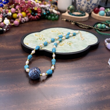 CJGB原创 淡水珍珠松石琉璃项链民族风 新中式锁骨链蓝色系项链