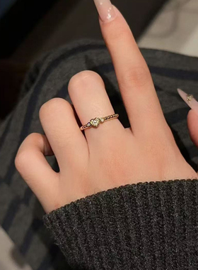 5D硬金黄金爱心戒指女999足金新款点钻镶嵌小克重指环食指戒送礼