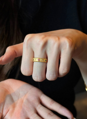 5D硬金黄金星芒戒指女999足金点钻镶嵌彩宝指环新款食指戒送女友