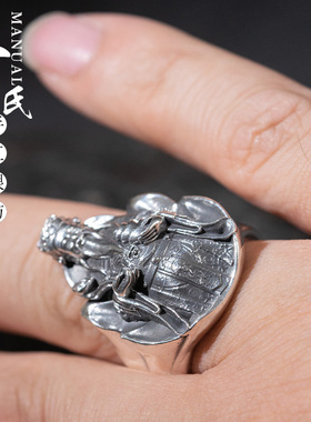 云南大理手工雕刻足银原创设计复古立体站立版财神戒指