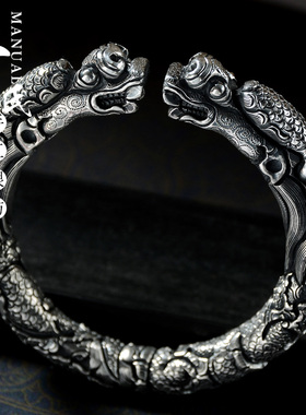 复古风寸银坊原创男款满雕手镯