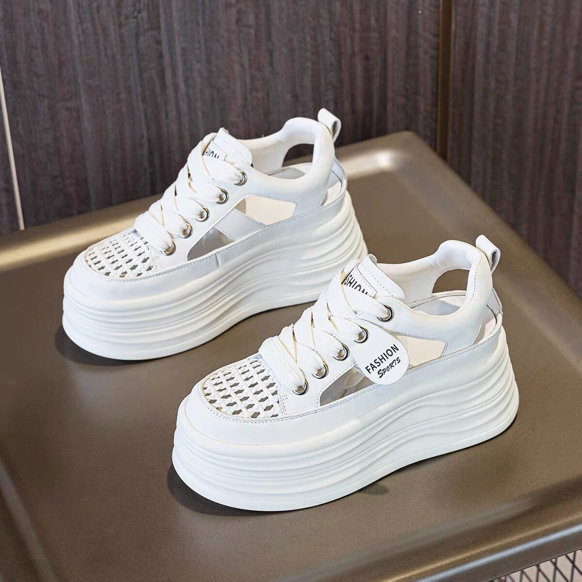 Thick-soled hollow white shoes 8cm height increasing women's shoes summer breathable hole-in-the-wall sandals mesh platform shoes