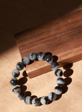 新疆和田籽料青花玉黑白分明意境青花手串卡12mm