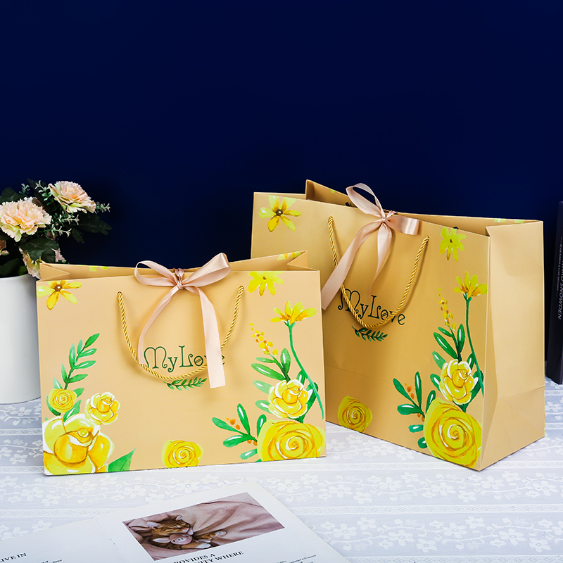 七夕情人节礼品袋 加印logo手提袋黄色花朵礼袋 包装袋子购物袋 - 图2
