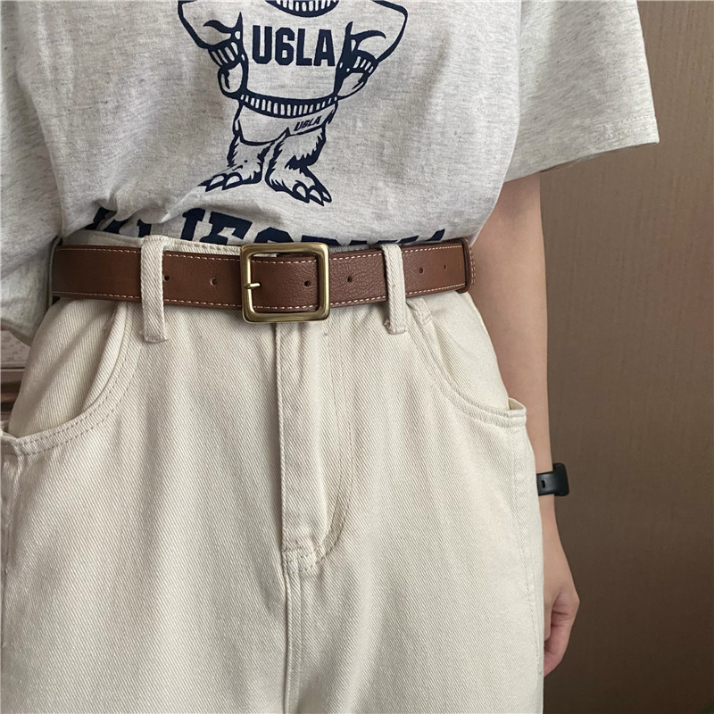 onetk新款方扣皮带软皮港风休闲锁边超好搭金属扣真皮腰带棕色宽,淘宝优惠券,粉丝福利购,淘宝优惠卷