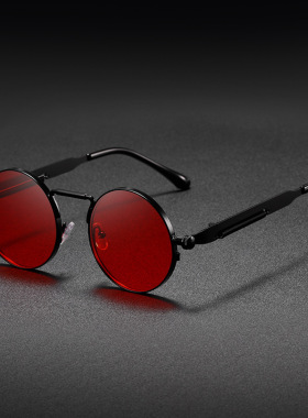 新款跨境时尚圆形蒸汽朋克墨镜男女款复古太阳镜弹簧镜腿金属眼镜