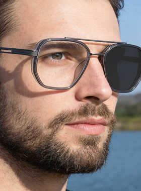 男式变色墨镜2026新款欧美方框太阳镜个性弹簧腿复古双梁镜框男款