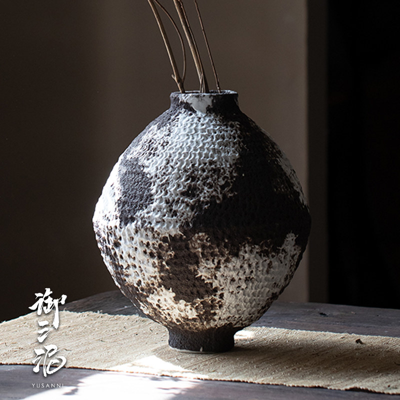 高级复古怀旧手工陶瓷花瓶粗陶瓶插花民宿酒店侘寂风禅意摆件花器_虎窝淘