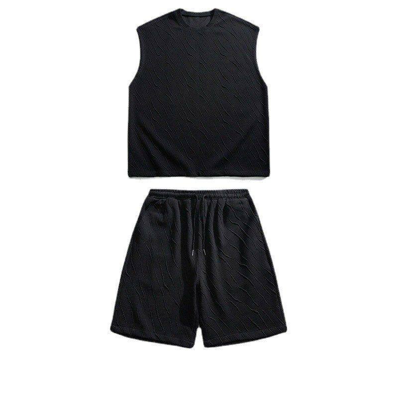 无袖男T恤套装坎肩宽肩背心五分短裤 纯色简约休闲运动两件套大码,淘宝优惠券,粉丝福利购,淘宝优惠卷