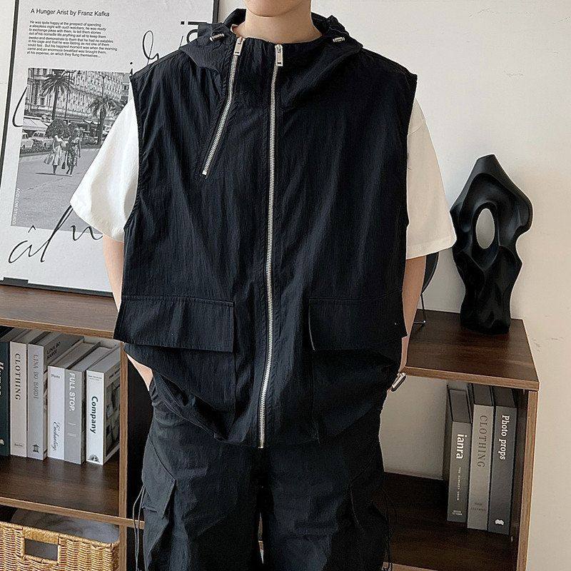 2023拉链连帽马甲工装裤套装男ins小众设计感宽松休闲无袖T恤长裤,淘宝优惠券,粉丝福利购,淘宝优惠卷