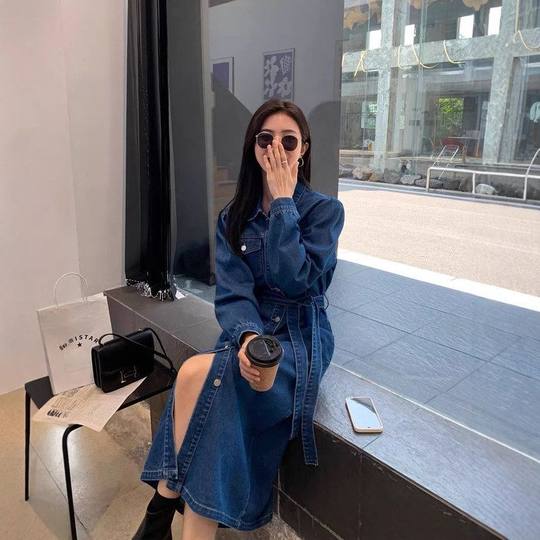 Robe en denim à manches bouffantes pour femmes, automne et hiver, nouveau style coréen, manches longues, taille mi-longue, robe chemise fendue, 2022