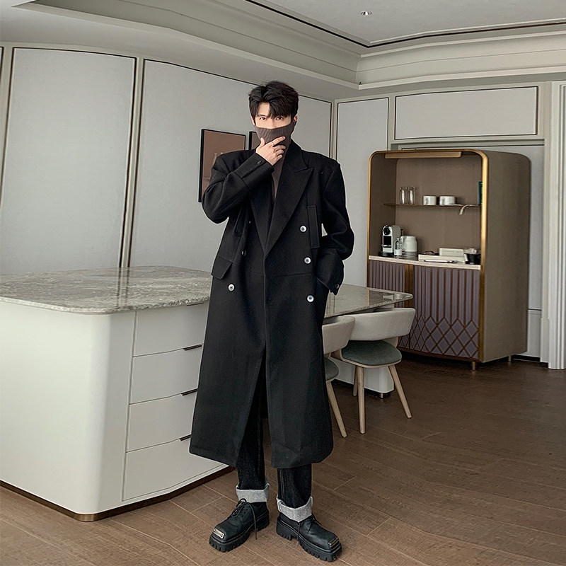 Hualun冬季双排扣毛呢大衣男长款过膝风衣韩版高级感设计外套男装,淘宝优惠券,粉丝福利购,淘宝优惠卷