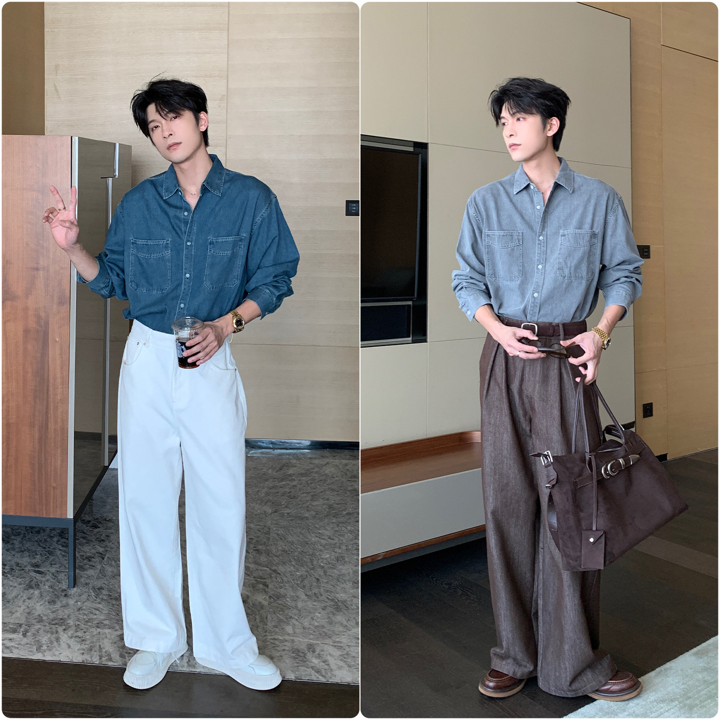 Hualun春秋薄款巨好看的牛仔衬衫男宽松潮流长袖翻领衬衣百搭上衣,淘宝优惠券,粉丝福利购,淘宝优惠卷