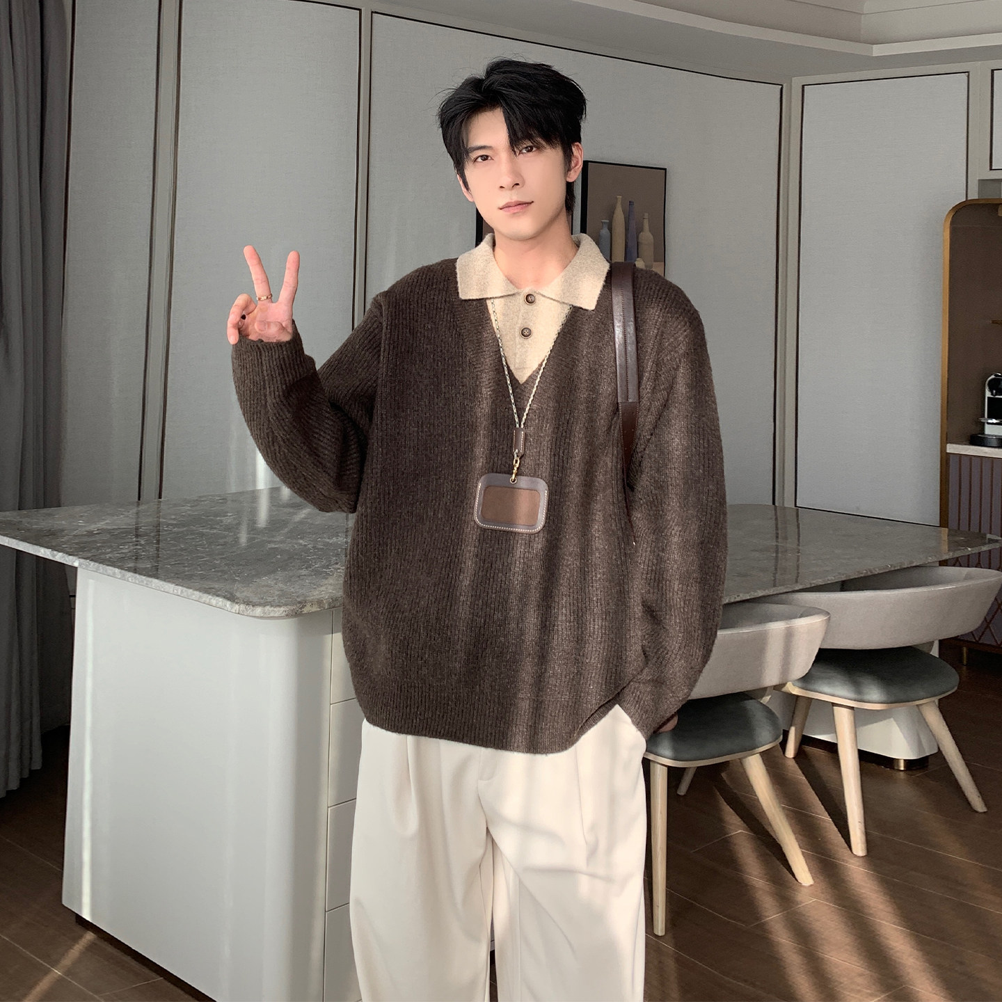 Hualun秋冬季假两件针织衫男韩版高级感痞帅毛衣时尚宽松百搭上衣,淘宝优惠券,粉丝福利购,淘宝优惠卷