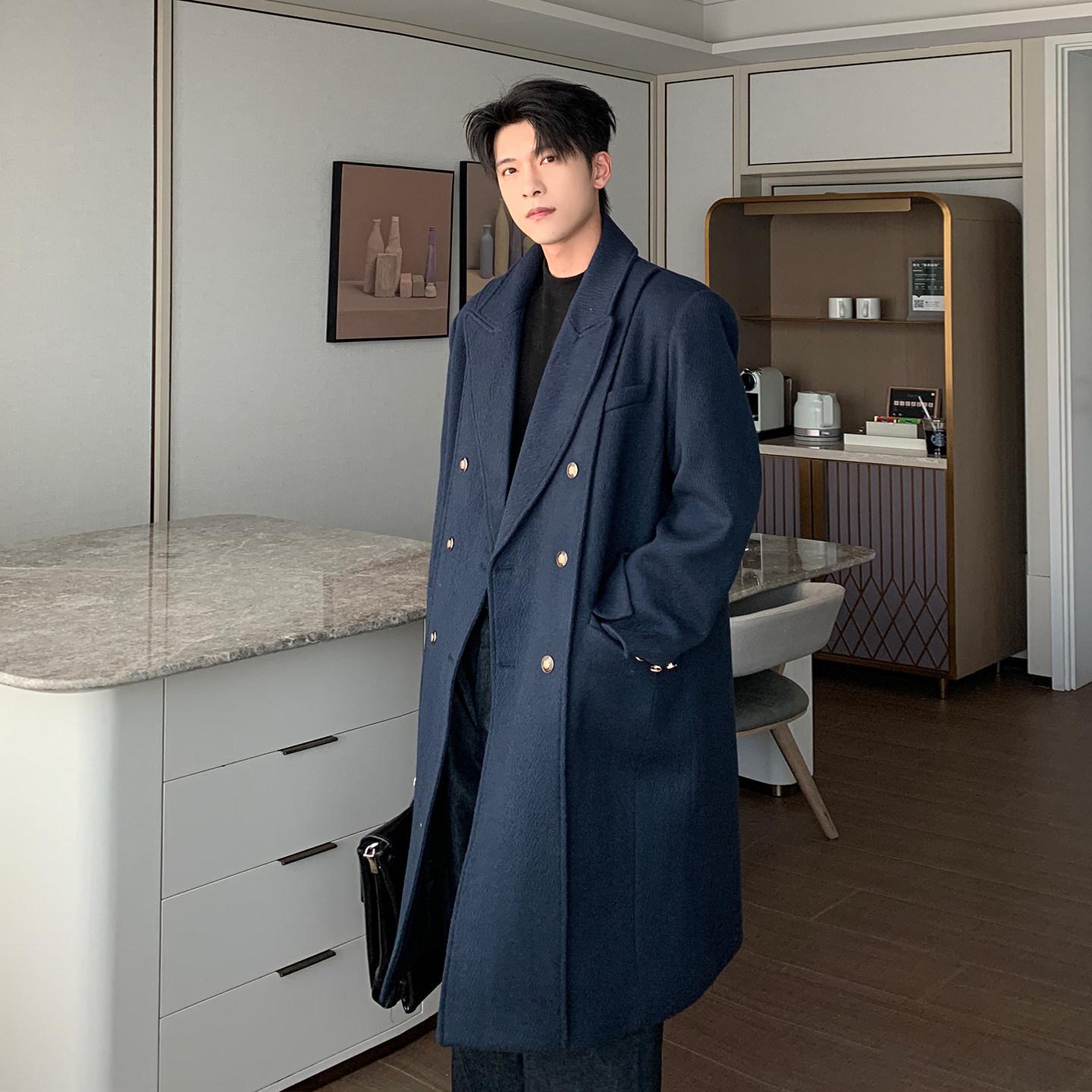 Hualun男士双排扣西装款大衣中长款简约时尚宽松痞帅加厚毛呢外套,淘宝优惠券,粉丝福利购,淘宝优惠卷