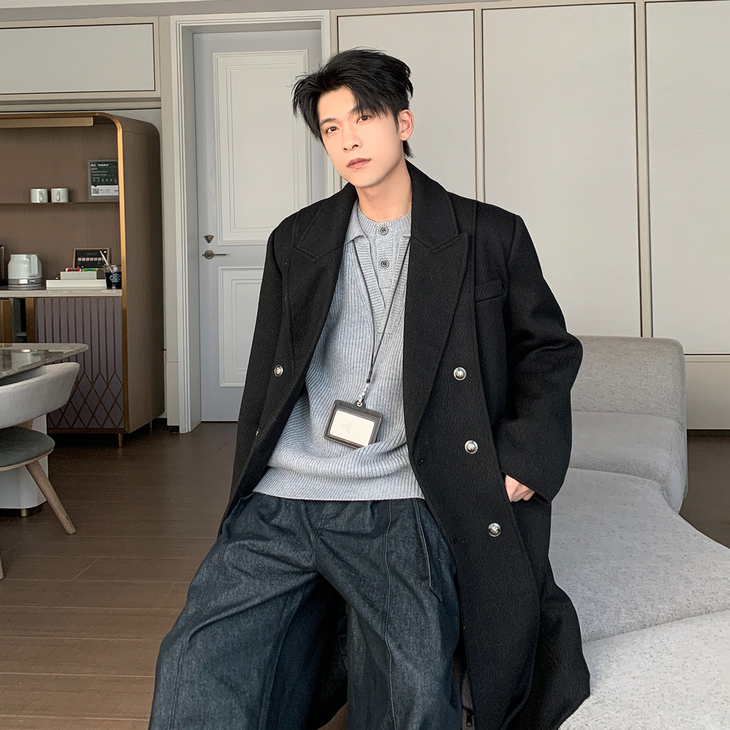 Hualun男士双排扣西装款大衣中长款简约时尚宽松痞帅加厚毛呢外套,淘宝优惠券,粉丝福利购,淘宝优惠卷