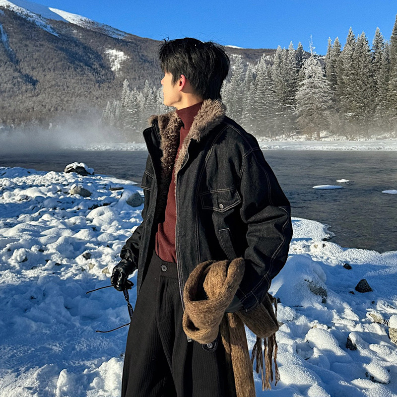 Hualun冬季牛仔羊羔绒外套男款加绒棉衣夹克男韩版高级感保暖棉服,淘宝优惠券,粉丝福利购,淘宝优惠卷