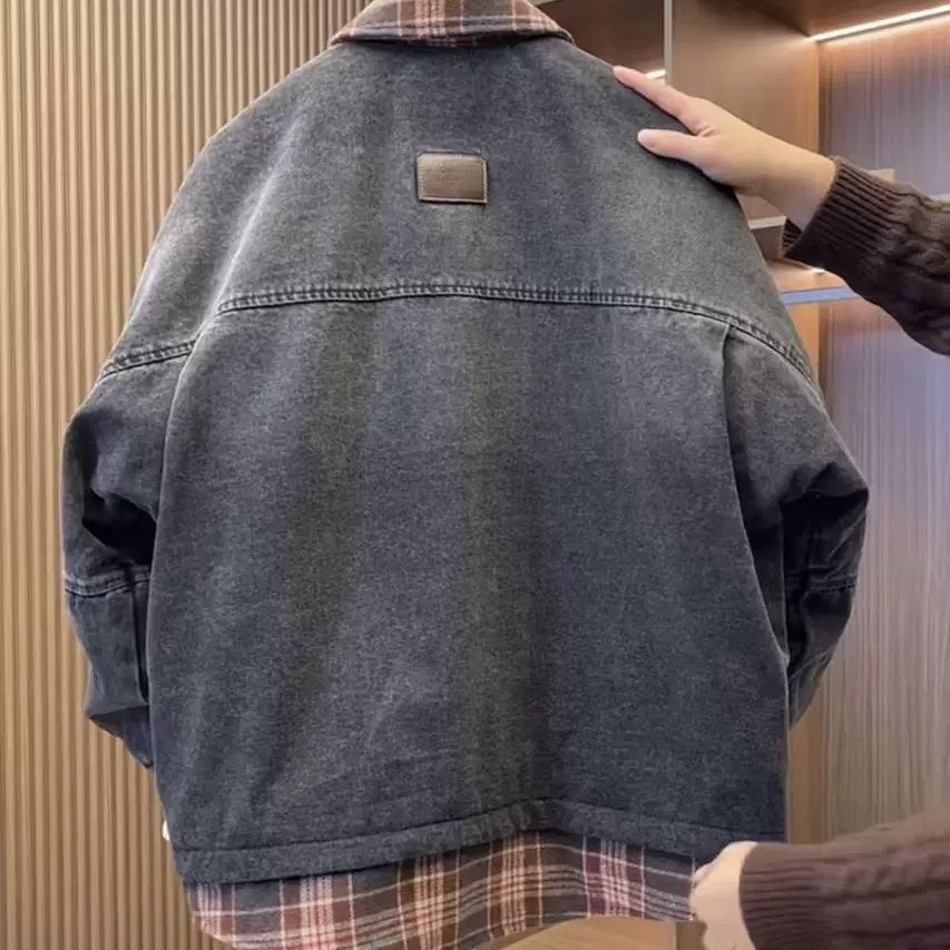 2025男士羽绒服冬季新款翻领牛仔格子拼接假两件宽松加厚保暖外套