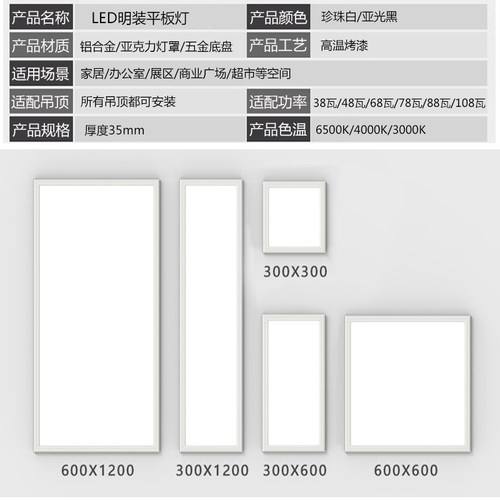 天花板300*1200明装LED平板灯石膏板吊顶水泥顶600*600简约吸顶灯 - 图0