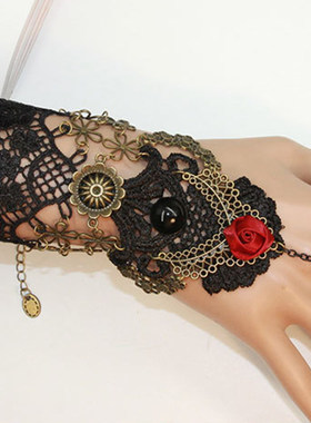 欧美哥特复古黑色蕾丝手链戒指一体链女士玫瑰花手饰品演出配饰