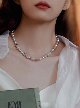 S925银元宝扣新款拼色珍珠颈链真多麻百搭项链经典白礼物