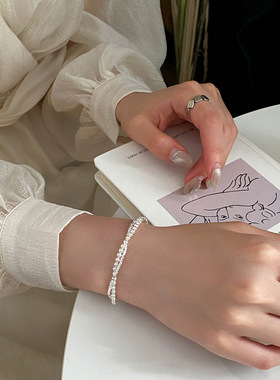 S925银双层施家强光珍珠手链碎银子缠绕手链银手饰轻奢风小众