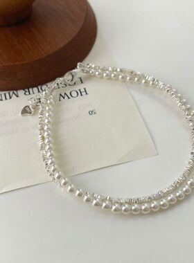 S925银红书同款手链满天星手饰碎银子珍珠多层手链