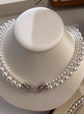 高端贝珠强光珍珠双层8字扣轻奢小众毛衣链可拆分叠戴礼物