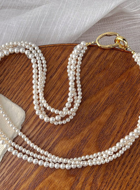 高端贝珠法式三层叠戴珍珠项链女小众设计感高级锁骨链新款颈链