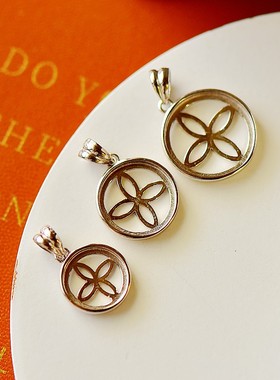 S925纯银吊坠空托时尚男女网底圆形10121416DIY蜜蜡松石玉石镶嵌