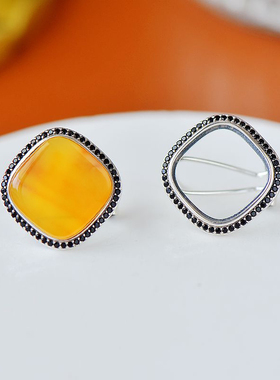 S925纯银戒指耳钉吊坠套装空托男女款圆角方形1314182024DIY镶嵌