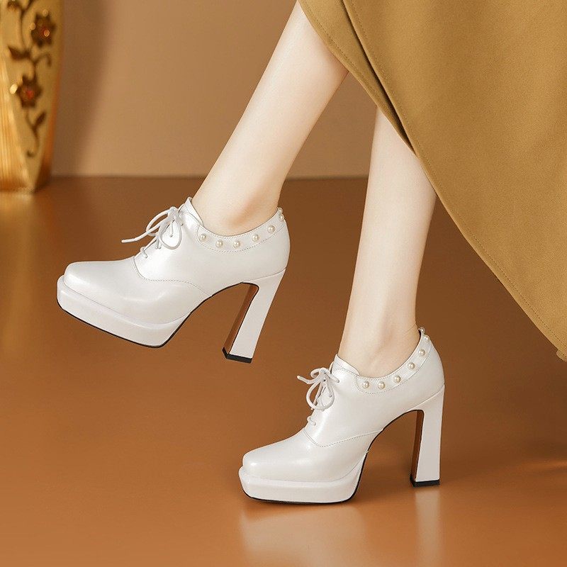 头层牛皮绑带深口单鞋女复古珍珠厚底高跟鞋时装走秀小皮鞋,淘宝优惠券,粉丝福利购,淘宝优惠卷