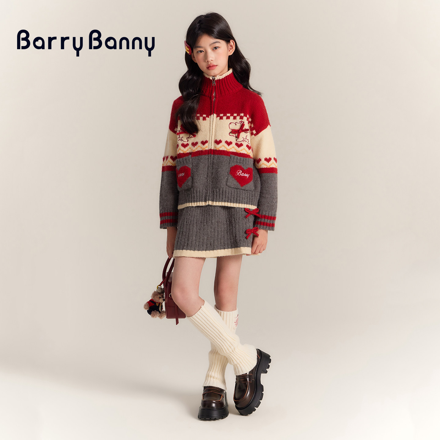 BarryBanny女童高领针织开衫冬季新款洋气女孩套装儿童蝴蝶结半裙,淘宝优惠券,粉丝福利购,淘宝优惠卷