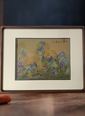 高端铜雕画摆台《千里江山图》新中式客厅玄关桌面摆件山水装饰画