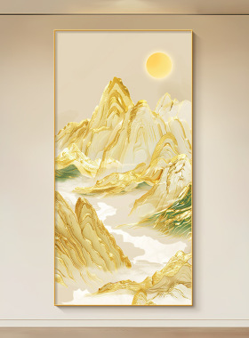 日照金山玄关装饰画现代简约高档金箔楼梯间挂画背有靠山客厅壁画