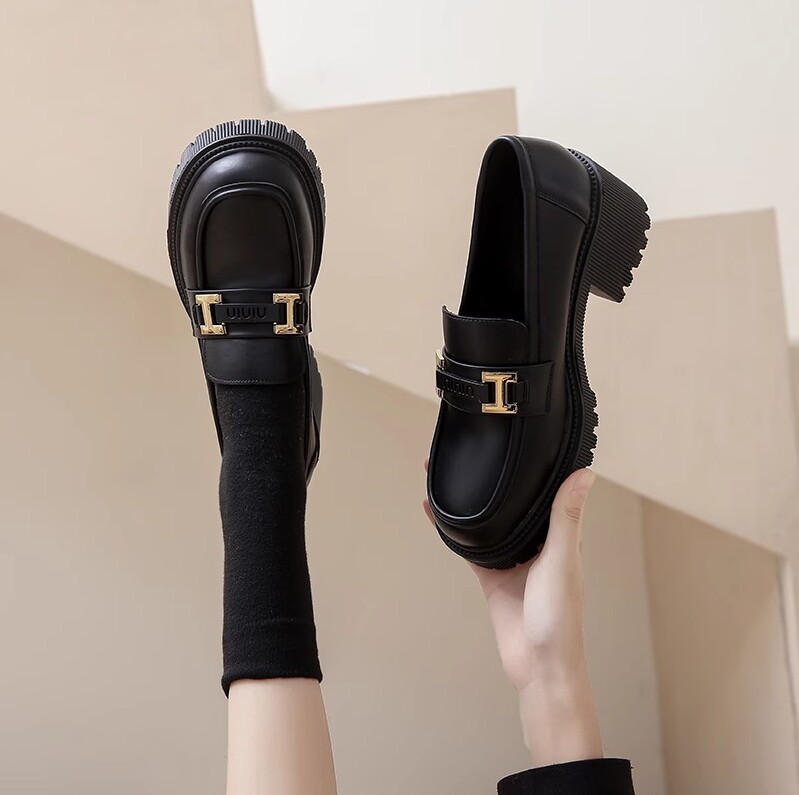 高跟单鞋女英伦风厚底小皮鞋小个子增高乐福鞋2025春秋新款豆豆鞋 - 图0