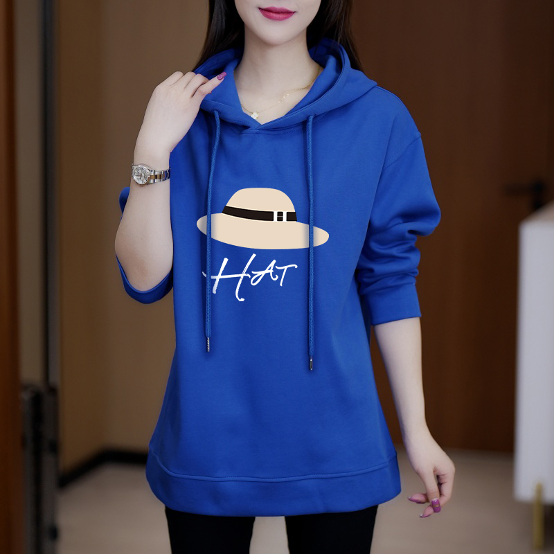 秋季时尚草帽字母印花连帽卫衣大码百搭休闲洋气减龄显瘦女士上衣 - 图0
