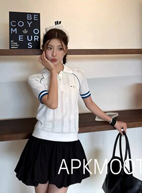 撞色边polo领羊绒针织上衣女
