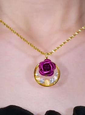 法式紫色玫瑰花吊坠项链女