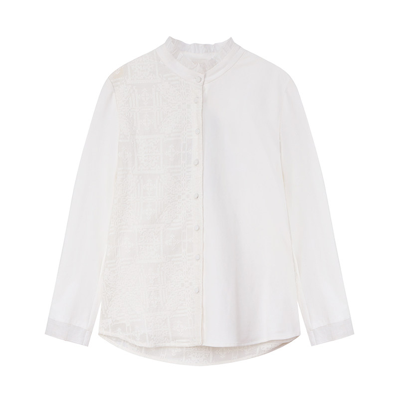 布符2023秋季新款原创设计独特绣花中式小立领木耳花边长袖衬衫女