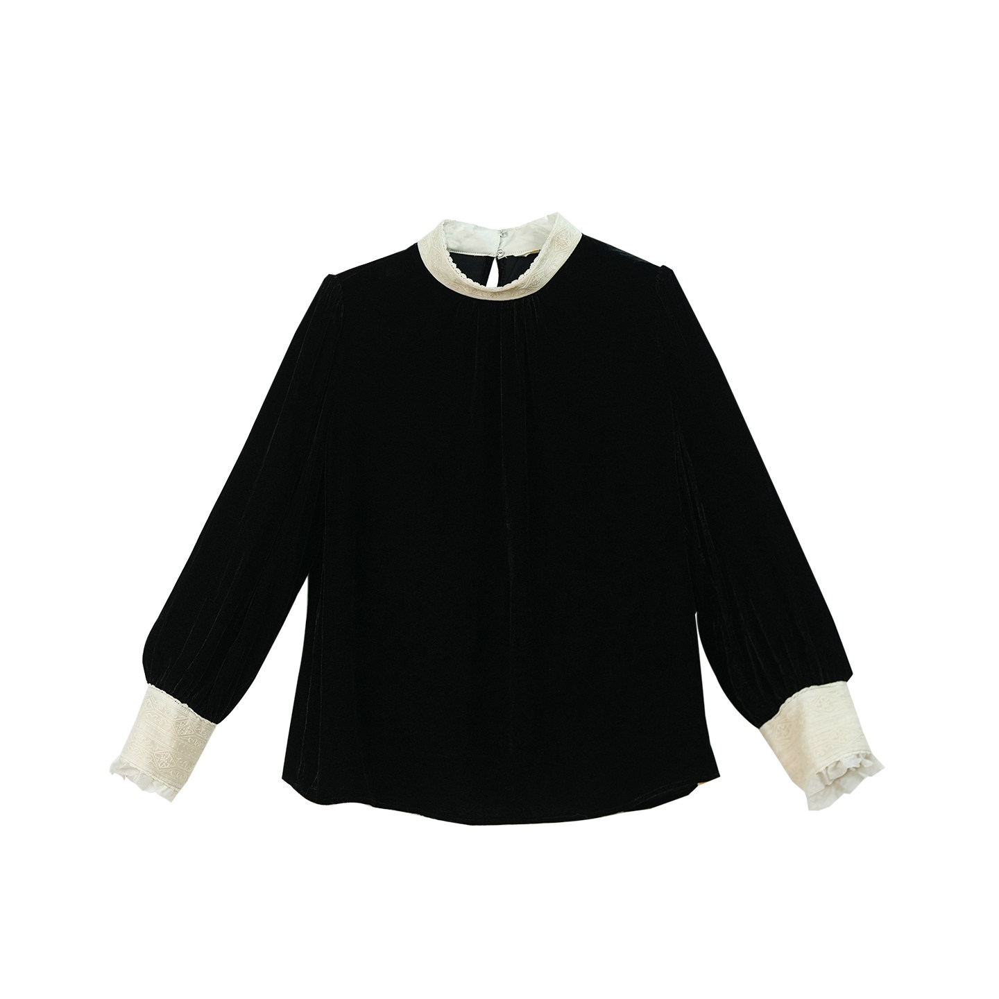 布符新中式「黑丝绒拼领刺绣上衣」2026年新品春季内搭长袖t恤女,淘宝优惠券,粉丝福利购,淘宝优惠卷